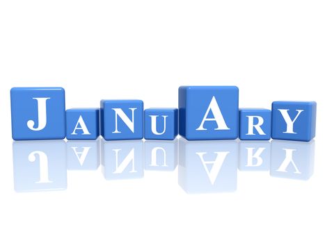 3d blue cubes with letters makes january