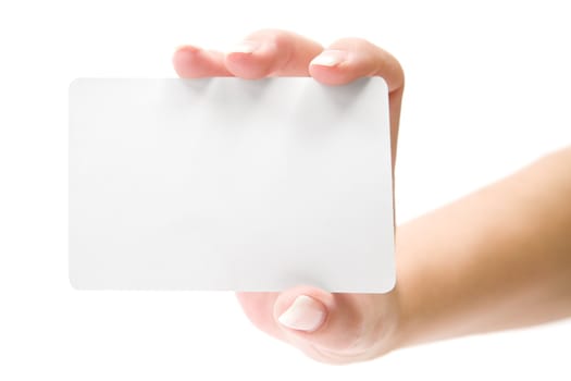 Businesswoman holding a blank card. Isolated on a white background.