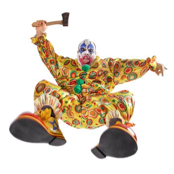 A nasty evil clown, angry, jumping, and about to hack you to bits.  Motion blur on the knees and shoes.
