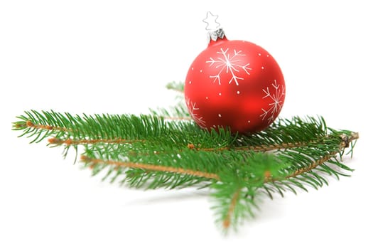 Christmas tree ball sitting on a green fir branch. White background.