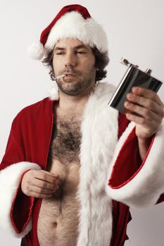 A drunk Santa Claus with flask and ripe with bad attitude.