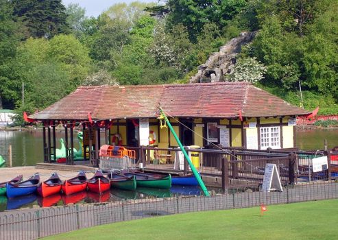 Boat house on boating lake in Peasholm Park, Scarborough, England.