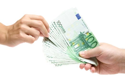 Female hand grabbing Euro banknotes. Isolated on a white background.