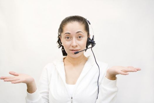 Confused woman with service headset on phone
