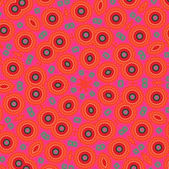 Abstract red background. Multi-coloured circles on a red background.