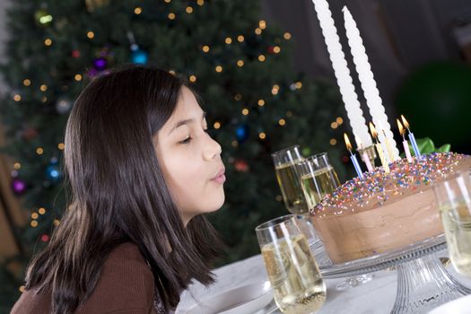 Little girl blowing out her birthday cake candles