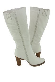 Ladies' white leather boots on the white background