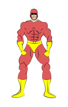 Muscle shaped generic male superhero in tight red and yellow costume isolated on a white background.