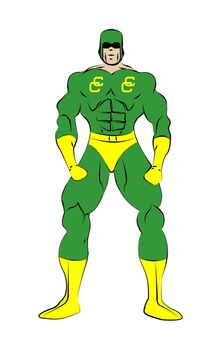 Captain credit muscle shaped generic male superhero in tight green and yellow costume isolated on a white background.