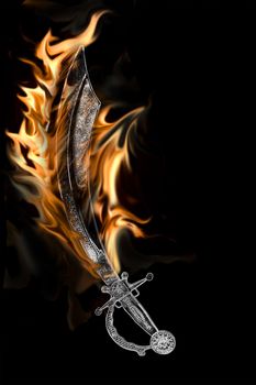 Flaming Pirate Cutlass Sword Isolated on a Black Background.