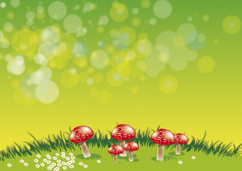 An illustration of a group of red toadstools set on a grassy ridge with daisys set against a green background.