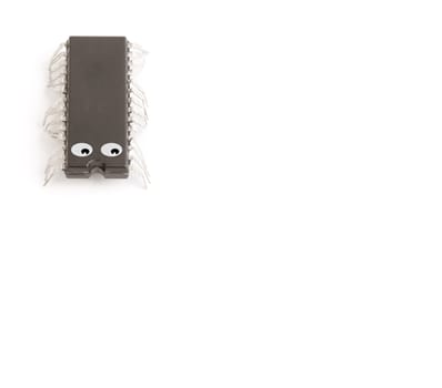 technology isolated computer electronic chip on white background with its pins as legs of a live worm