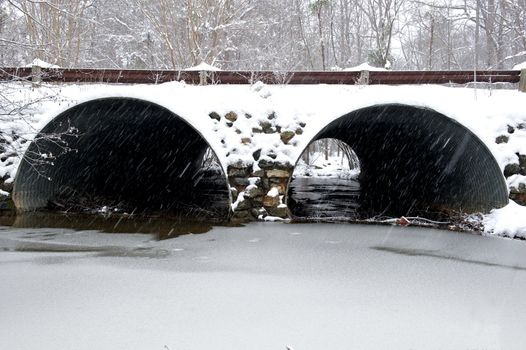 Snow covered storm water drainage tunnel in Richmond, Virginia during the winter storm in December 2009.