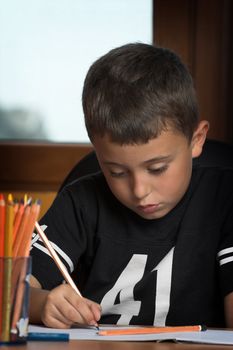 A young schoolboy write his  homework
