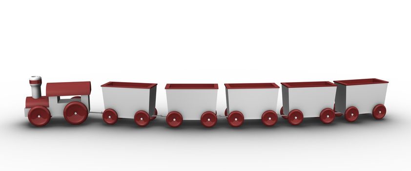 Toy train with 5 carriages; 3D rendered illustration. 
