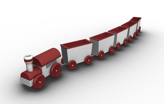 Toy train with 5 carriages; 3D rendered illustration. 
