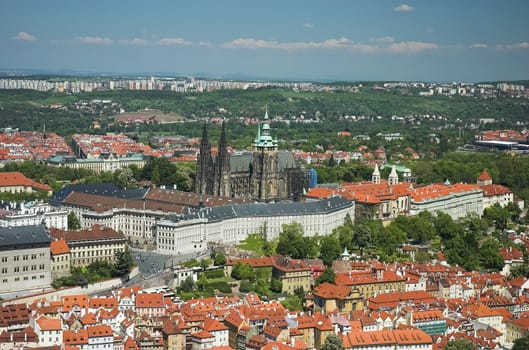 Prague Castle and St-Vitus Cathedral viewed from the top level of Petrin Tower