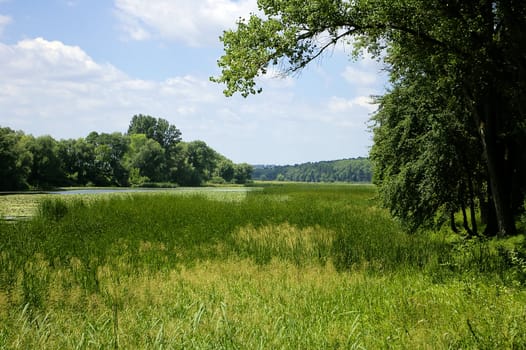 White fluffy clouds, blue sky and green wooded mountains reflecting in a clear, placid lake