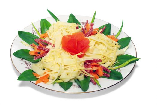 Pasta with cheese, salami, tomatoes and herbs on a white plate, isolated (Shallow deep of field)