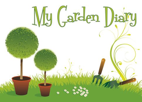 A landscape format image of two potted topiary bushes set on a green grassed background with a small garden fork and spade. Set with text spelling the words My Garden Diary. Room for additional copy.