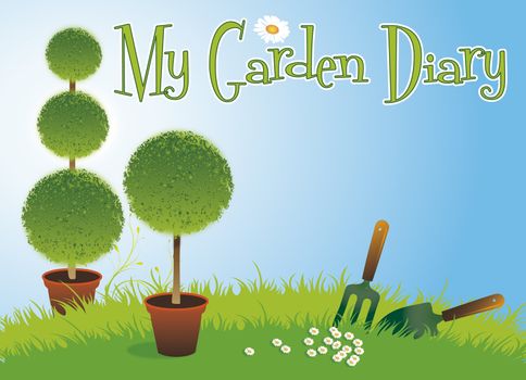 A landscape format image of two potted topiary bushes set on a green grassed background with a small garden fork and spade and daisys on a blue sky background. Set with text spelling the words My Garden Diary. Room for additional copy.
