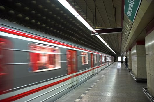 Train arriving in station in Prague Metro