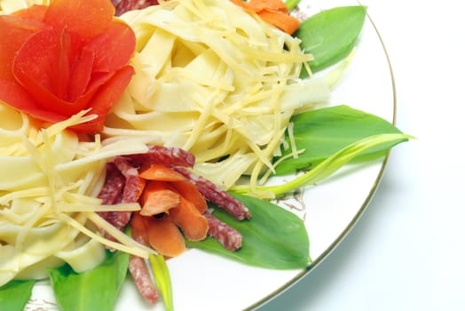 Pasta with cheese, salami, tomatoes and herbs on a white plate, isolated