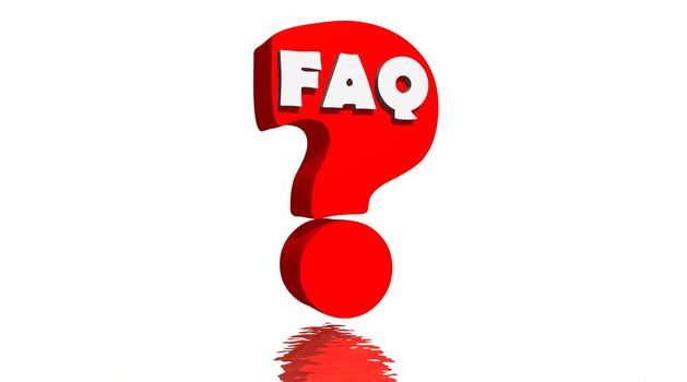 Red question mark with FAQ written inside and white background with little reflection of the question mark