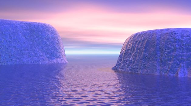 Two icebergs in front of of the other and reflecting in the ocean by sunrise cloudy sky light