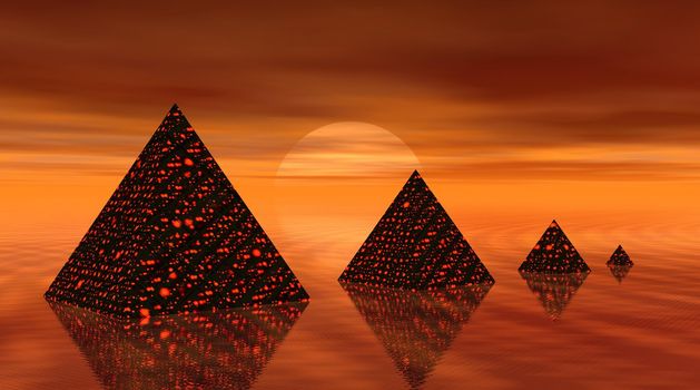 Four black pyramids with many red spots by foggy sunset in a reflecting desert