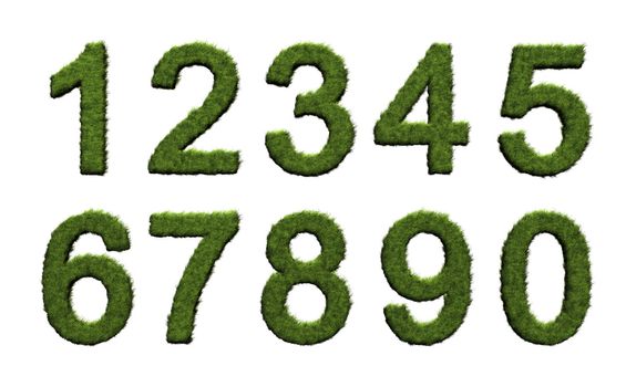 3D rendered image of grass numbers on white background. 
