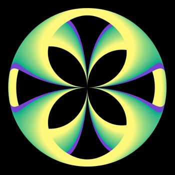 An abstract circular fractal done is shades of yellow, green, and purple.