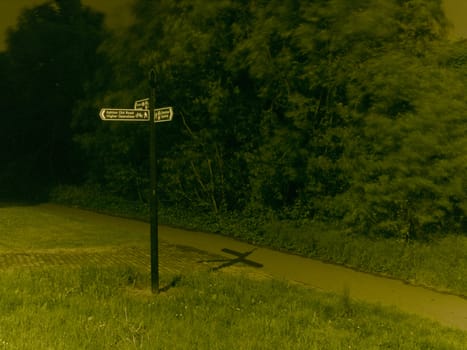 Road Sign in Park at Night for Directions