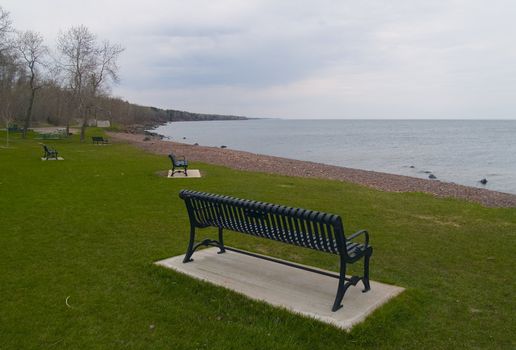 Benches in a park along the shore of Lake Superior in Minnesota,