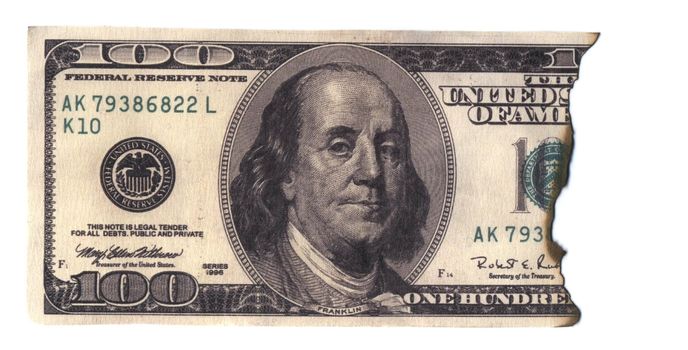 Burned 100 US dollars banknote