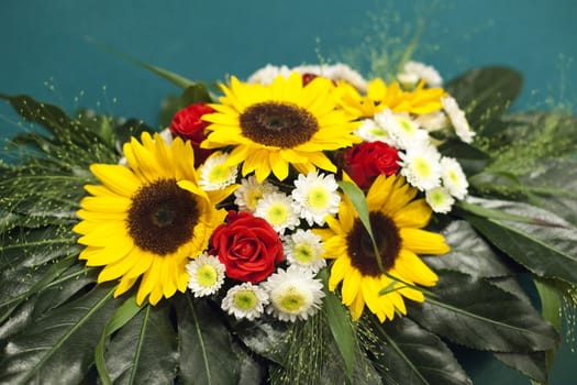 bunch of flowers - sunflowers, rose and daisies