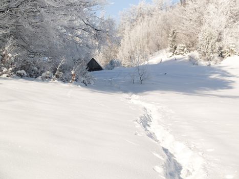 Winter view on foot path in mountain. In background wooden cottage.