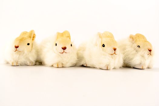 Four Easter bunnies in a row, on white background.