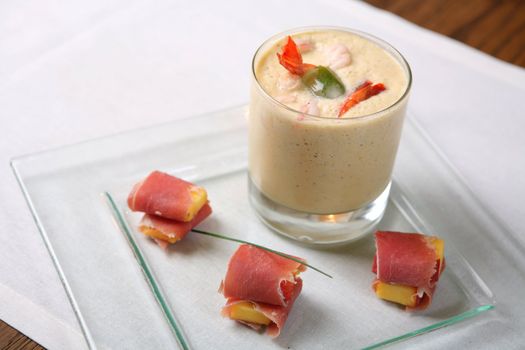 Food, Soup-cream with Prawn and Meat with Peach, Meal