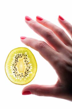 scientific sweet study sample kiwi, closeup, hands of the researcher