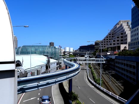 Photo presents city view with mono rails  in Sydney, Australia. 