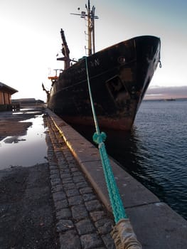 Commercial Cargo boat moored to a dock in a port vertical