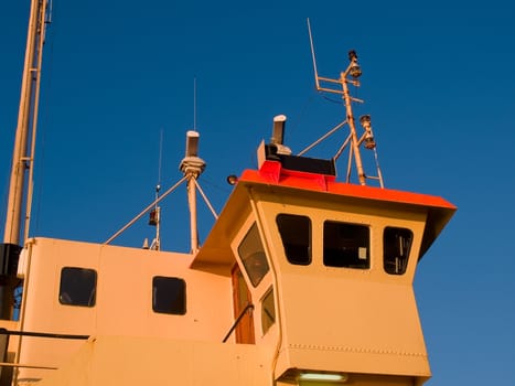 Details of a commercial ferry ship boat bridge with sky background