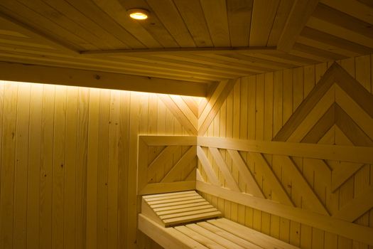 Detail of wooden Finnish sauna with textures.