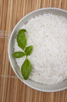 Bowl of white rice on tatami mat