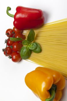 Close up of basic ingredients for italian pasta. All isolated on white.