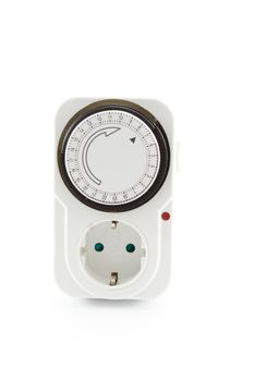 European electrical outlet timer with red light, isolated on white.