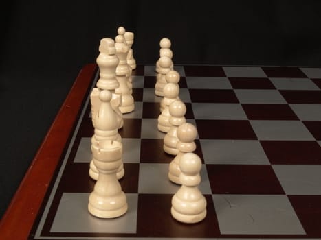 Row of white chess pieces ready to start the game