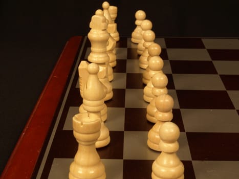 Row of white chess pieces ready for the game