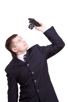 man is make photo image of himself by old camera